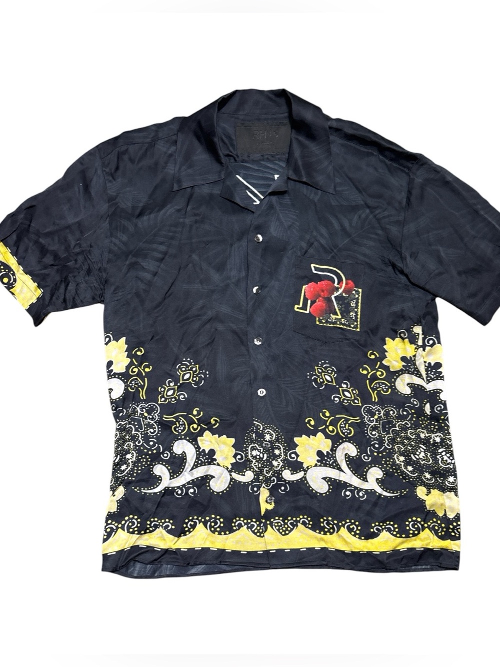 RH 45 London Men's Black & Yellow Floral Button-Up Camp Shirt M